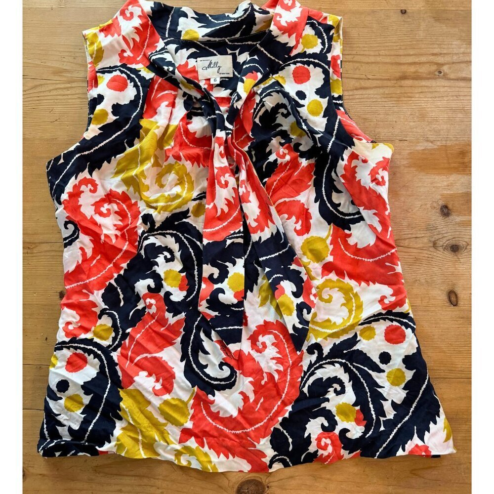Milly 100% Silk Floral Tie-Neck Blouse Size 6